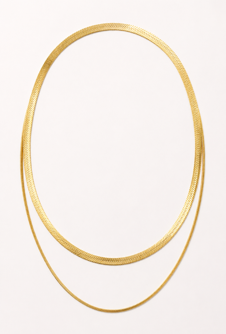 The Herringbone Duo — Layered Gold Plating Flat Chain Set