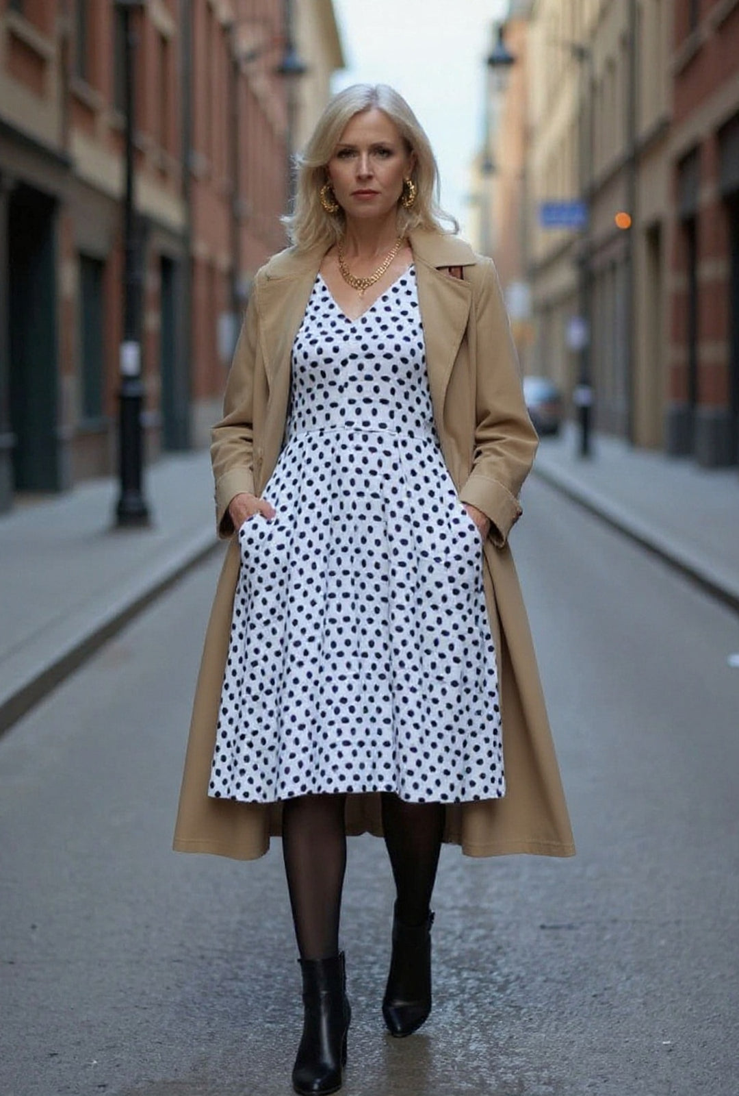 Woman wearing a polka dot dress with a beige coat on a city street.
