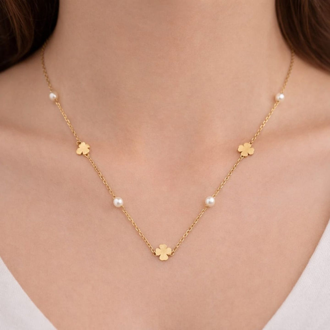 The Clover & Pearl Chain — Gold Plating Station Necklace