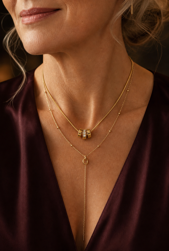 The Triple Ring Necklace — Gold Plating Stacked Charm Snake Chain