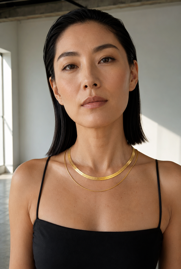 The Herringbone Duo — Layered Gold Plating Flat Chain Set